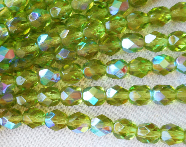 Lot of 25 6mm Olive, Olivine AB firepolished, faceted round beads Czech glass beads, C7425 - Glorious Glass Beads