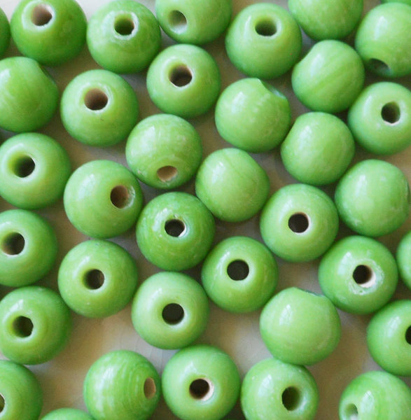 Ten 12mm Bright Opaque Lime Green big large hole glass beads with 3mm holes, smooth round druk beads, Made in India C7601 - Glorious Glass Beads