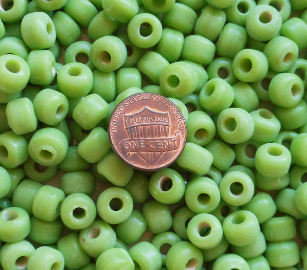 Lot of 25 9mm Opaque Lime Green glass pony roller beads, large hole, big hole crow beads, Made in India, C6401 - Glorious Glass Beads