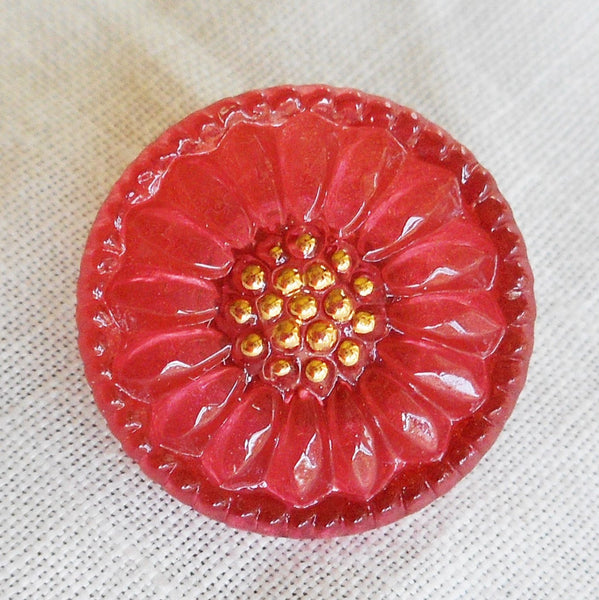 One 18mm Czech glass button, Salmon Pink sunflower with gold accents, floral decorative shank button 89101
