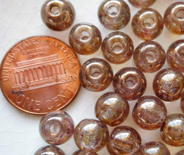 Lot of 25 8mm Czech glass big hole beads, Lumi Brown smooth round druk beads with 2mm holes C1501 - Glorious Glass Beads