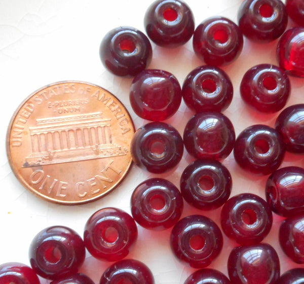 Lot of 25 8mm Czech glass big hole beads, Garnet red smooth round druk beads with 2mm holes C8201 - Glorious Glass Beads