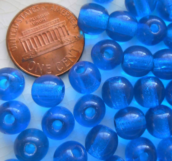 Lot of 25 8mm Czech glass big hole beads, Capri Blue smooth round druk beads with 2mm holes C0401 - Glorious Glass Beads