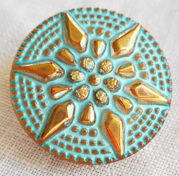 One 18mm Czech glass button, with a gold raised star with a turquoise wash, verdigris look decorative shank button 05201 - Glorious Glass Beads
