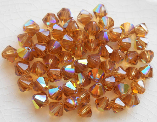 Lot of 24 6mm Light Colorado Topaz AB Czech Preciosa Crystal bicone beads, faceted glass brown bicones C60101 - Glorious Glass Beads