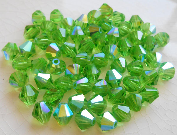 Lot of 24 6mm Peridot Green AB Czech Preciosa Crystal bicone beads, faceted glass green AB bicones C60101