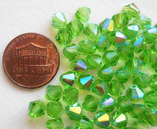 Lot of 24 6mm Peridot Green AB Czech Preciosa Crystal bicone beads, faceted glass green AB bicones C60101 - Glorious Glass Beads