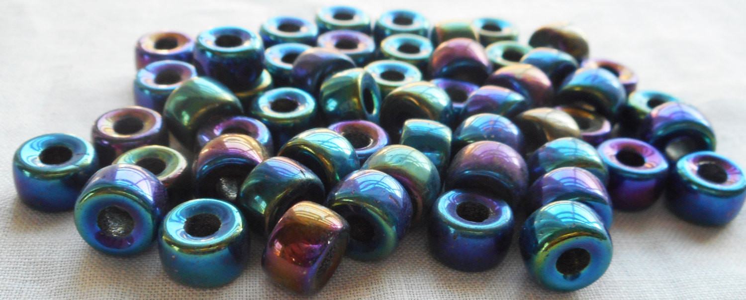 Lot of 25 9mm Czech Blue Iris glass pony roller beads, large hole crow beads, C5350 - Glorious Glass Beads