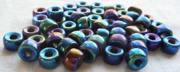 Lot of 25 9mm Czech Blue Iris glass pony roller beads, large hole crow beads, C5350 - Glorious Glass Beads