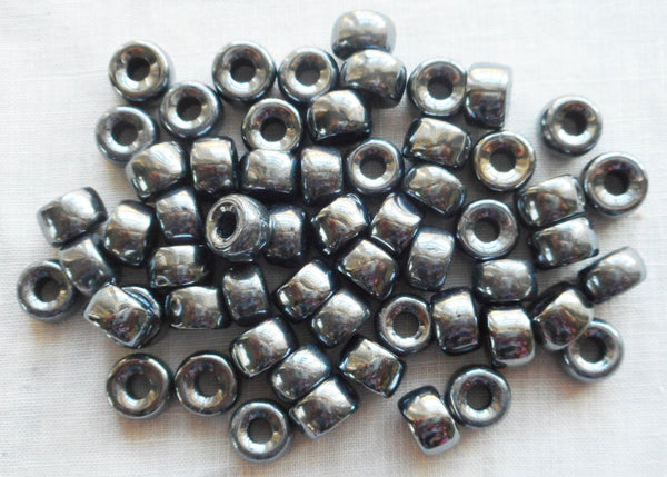 Lot of 25 9mm Czech Hematite Metallic Gray glass pony roller beads, large hole crow beads, C7501 - Glorious Glass Beads
