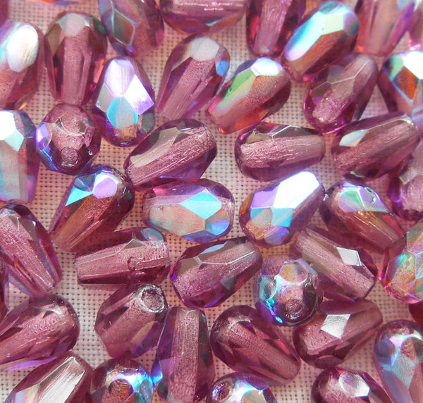 Lot of 25 7 x 5mm Czech glass amethyst AB, purple teardrop beads, faceted firepolished beads C5501 - Glorious Glass Beads