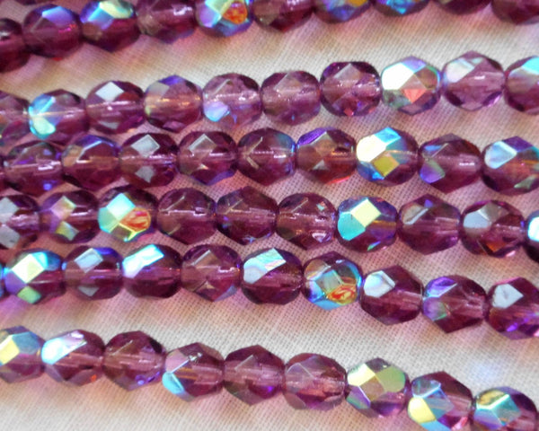 Lot of 25 6mm Amethyst AB, purple, Czech glass firepolished faceted round beads C8401 - Glorious Glass Beads