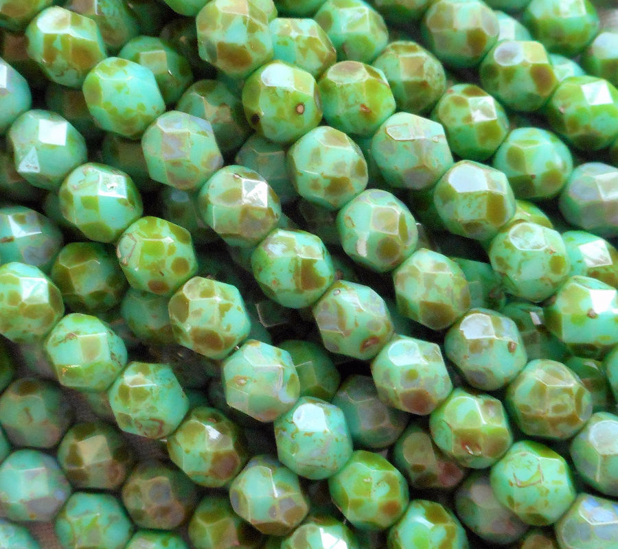 Lot of 25 6mm Picasso Teal Green beads, round Czech glass faceted, firepolished beads C1625 - Glorious Glass Beads