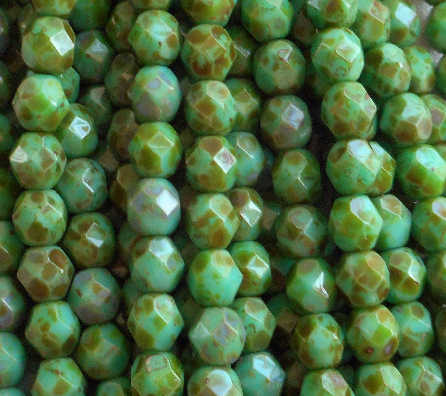 Lot of 25 6mm Picasso Teal Green beads, round Czech glass faceted, firepolished beads C1625 - Glorious Glass Beads
