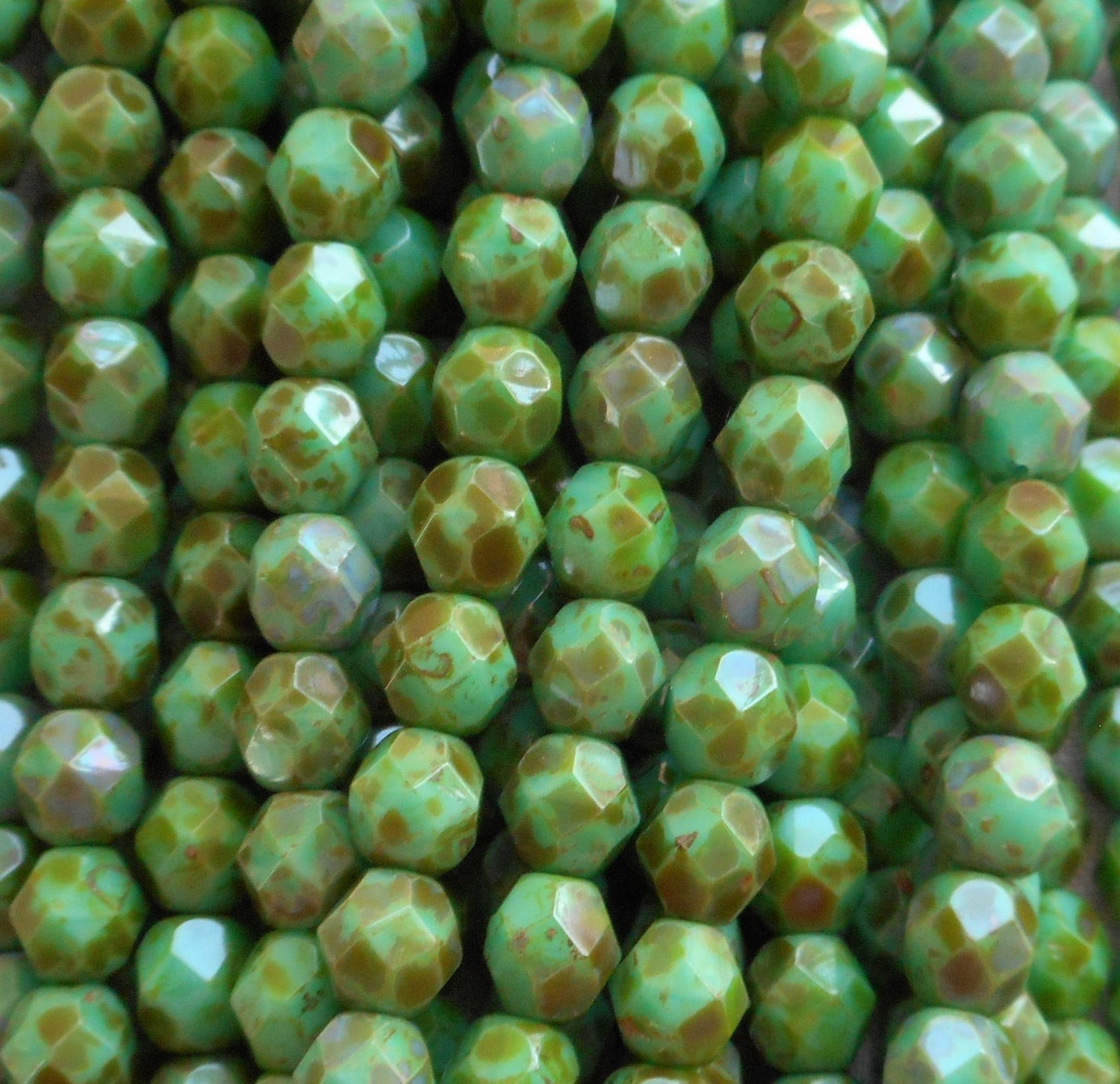Lot of 25 6mm Picasso Teal Green beads, round Czech glass faceted, firepolished beads C1625 - Glorious Glass Beads
