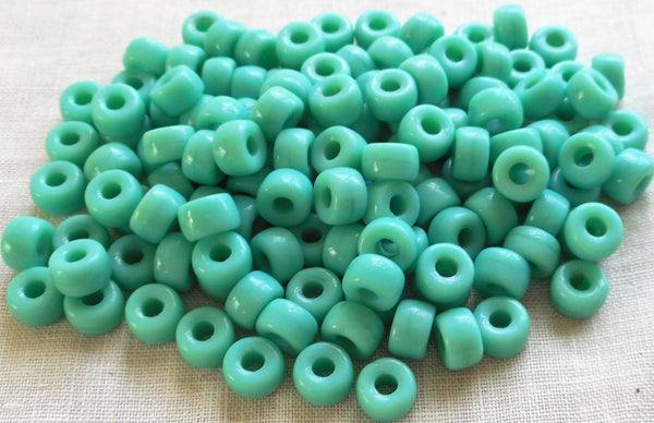 Fifty 6mm Czech Opaque Green Turquoise Blue pony roller beads, large hole crow beads, C3550 - Glorious Glass Beads