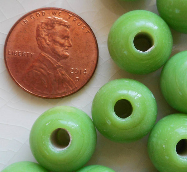 Ten 12mm Bright Opaque Lime Green big large hole glass beads with 3mm holes, smooth round druk beads, Made in India C7601 - Glorious Glass Beads