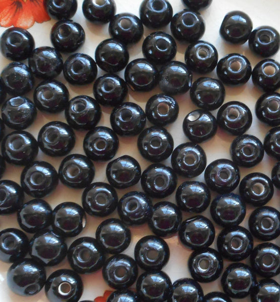 Ten 12mm Opaque Black big large hole glass beads with 3mm holes, smooth round druk beads, Made in India C8501 - Glorious Glass Beads
