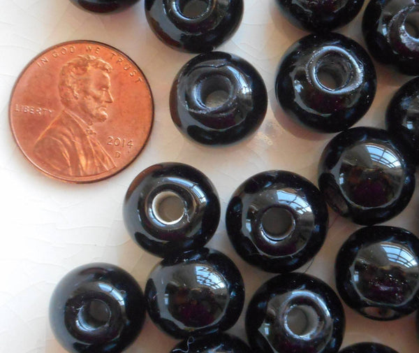Ten 12mm Opaque Black big large hole glass beads with 3mm holes, smooth round druk beads, Made in India C8501 - Glorious Glass Beads