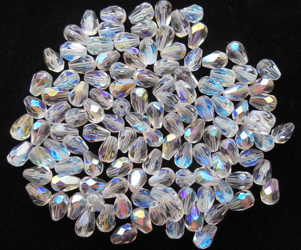 Lot of 25 7 x 5mm Crystal AB teardrop Czech glass beads, faceted firepolished beads C4601 - Glorious Glass Beads