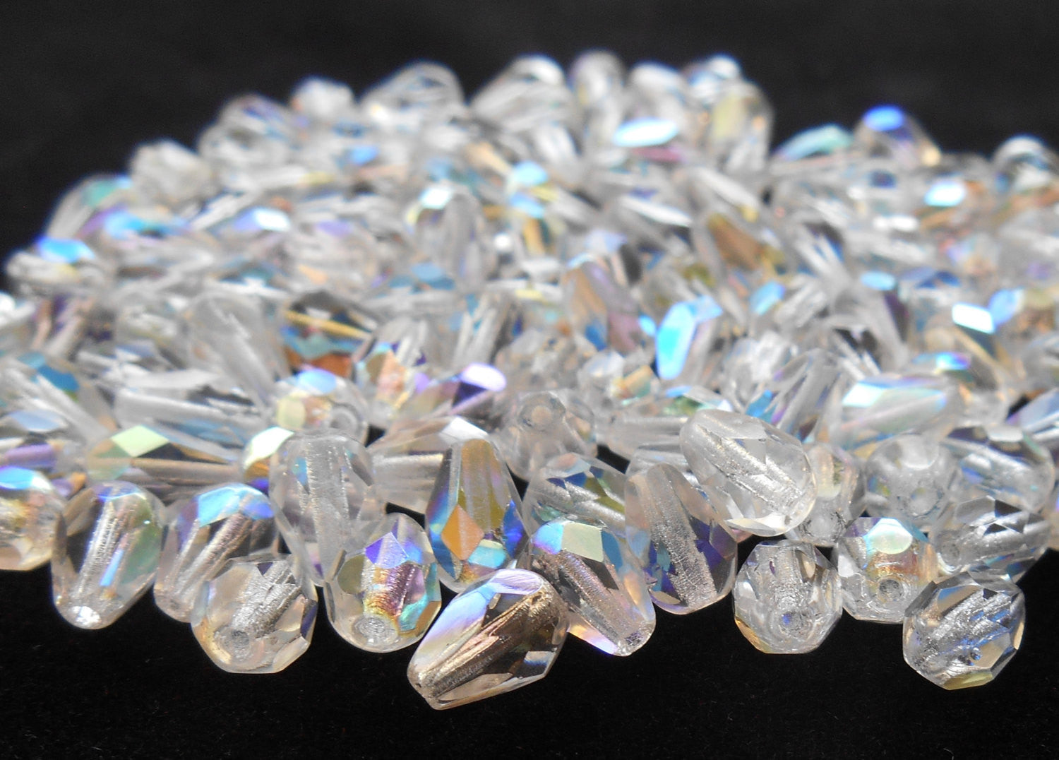 Lot of 25 7 x 5mm Crystal AB teardrop Czech glass beads, faceted firepolished beads C4601 - Glorious Glass Beads