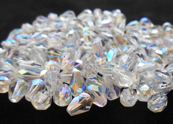 Lot of 25 7 x 5mm Crystal AB teardrop Czech glass beads, faceted firepolished beads C4601 - Glorious Glass Beads