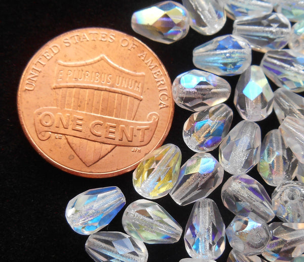 Lot of 25 7 x 5mm Crystal AB teardrop Czech glass beads, faceted firepolished beads C4601 - Glorious Glass Beads