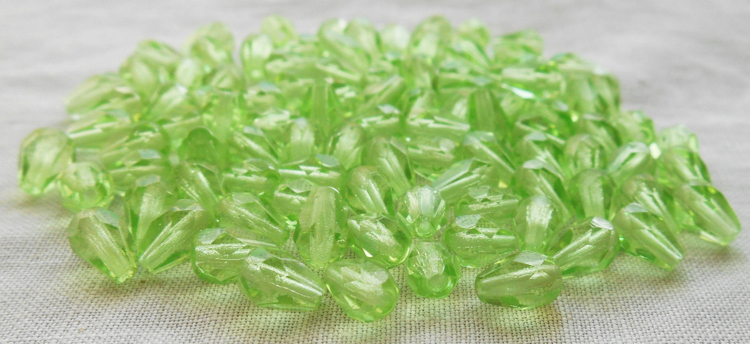 Lot of 25 7 x 5mm Peridot Green teardrop Czech glass beads, faceted firepolished beads C3601 - Glorious Glass Beads