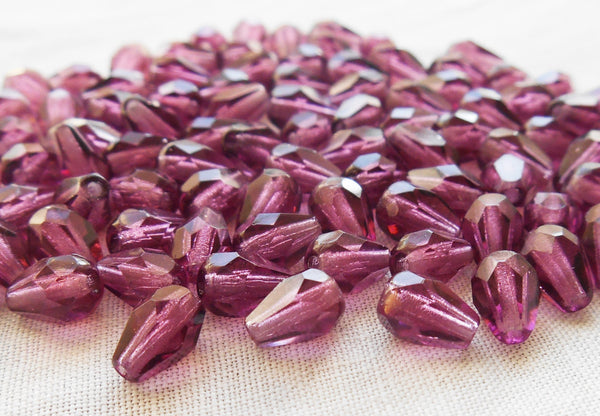 Lot of 25 7 x 5mm Amethyst, Purple teardrop Czech glass beads, faceted firepolished beads C3601 - Glorious Glass Beads