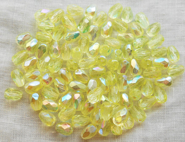 Lot of 25 7 x 5mm Jonquil, Yellow AB teardrop Czech glass beads, faceted firepolished beads C2801 - Glorious Glass Beads