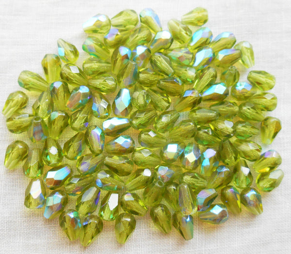 Lot of 25 7 x 5mm Olivine Green AB teardrop Czech glass beads, faceted firepolished beads C5501 - Glorious Glass Beads