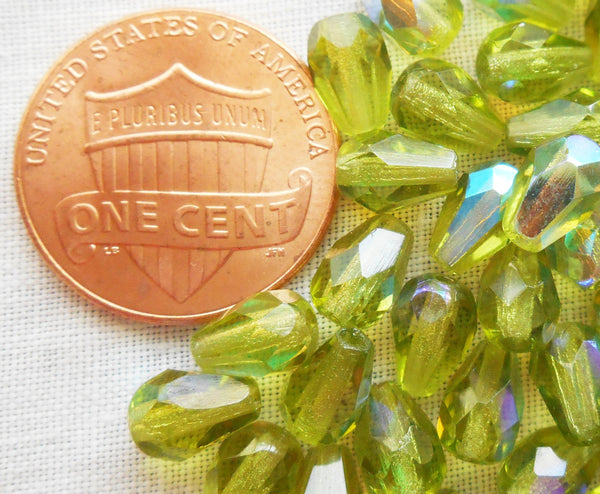 Lot of 25 7 x 5mm Olivine Green AB teardrop Czech glass beads, faceted firepolished beads C5501 - Glorious Glass Beads