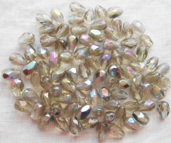 Lot of 25 7 x 5mm Black Diamond AB teardrop Czech glass beads, faceted firepolished beads C3701 - Glorious Glass Beads