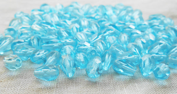 Lot of 25 7 x 5mm Aqua Blue teardrop Czech glass beads, faceted firepolished beads C3601 - Glorious Glass Beads