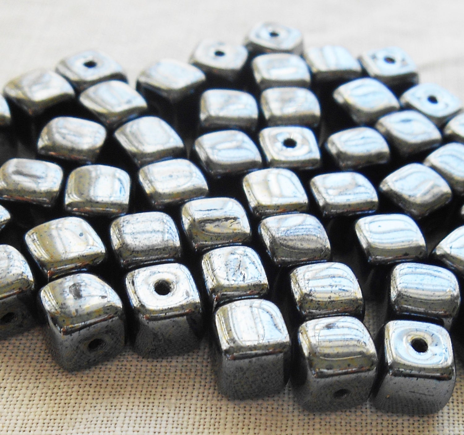 Lot of 25 Hematite metallic look Cube Beads, 5 x 7mm Czech glass beads, C8125 - Glorious Glass Beads