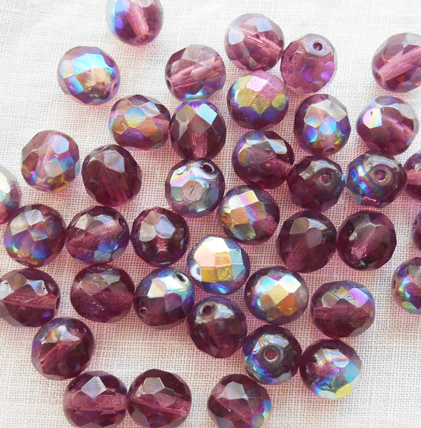 Lot of 25 8mm Medium Amethyst, Purple AB Czech glass beads, firepolished faceted round glass beads C1650