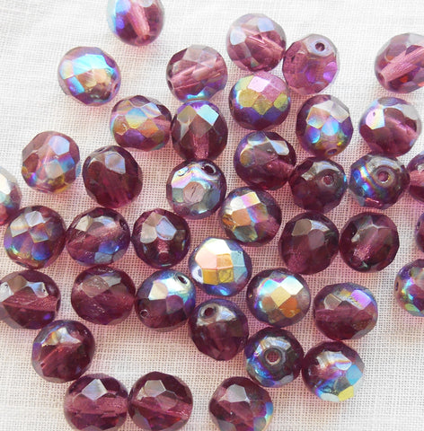 Lot of 25 8mm Dark Amethyst, Purple AB Czech glass beads, firepolished faceted round glass beads C1650 - Glorious Glass Beads