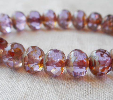 Lot of 25 Transparent light purple, lavender Picasso faceted puffy rondelle or donut beads, 5 x 7mm Czech glass beads C52201 - Glorious Glass Beads