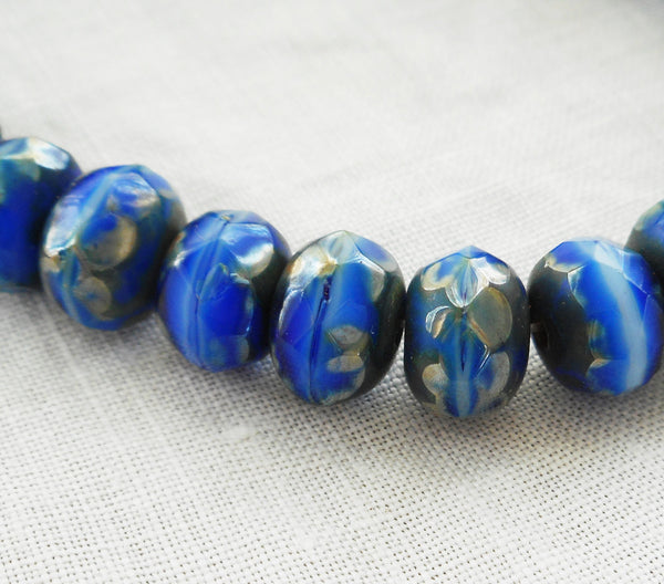 Lot of 30 6 x 9mm opaque royal blue and white picasso faceted puffy rondelle beads, blue Czech glass rondelles C92201 - Glorious Glass Beads