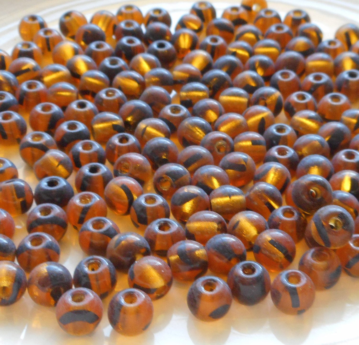 Lot of 25 8mm Czech glass big hole beads, Tortoise Shell, Tortoiseshell smooth round druk beads with 2mm holes C0601 - Glorious Glass Beads