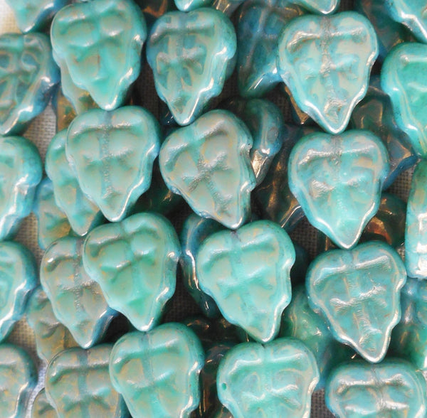 Lot of 25 Czech glass leaf beads, Luster Opaque Turquoise Blue center drilled 8 x 10mm beads C67101 - Glorious Glass Beads