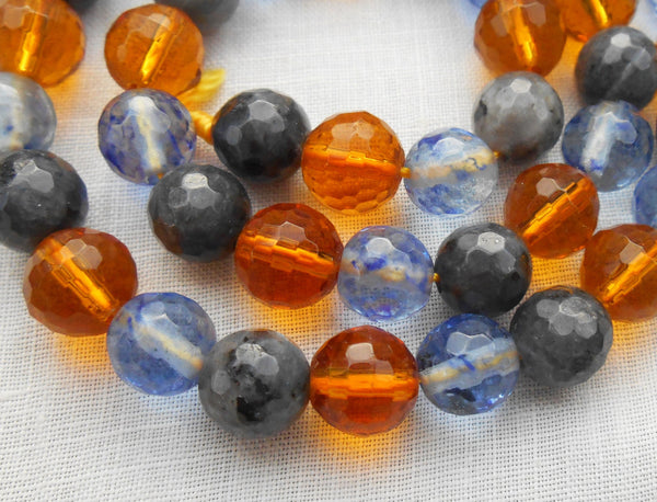 One 14"+ strand (46 beads) multicolored rainbow agate beads, 7+mm to 8mm faceted round amber, blue, gray gemstone beads C00301 - Glorious Glass Beads