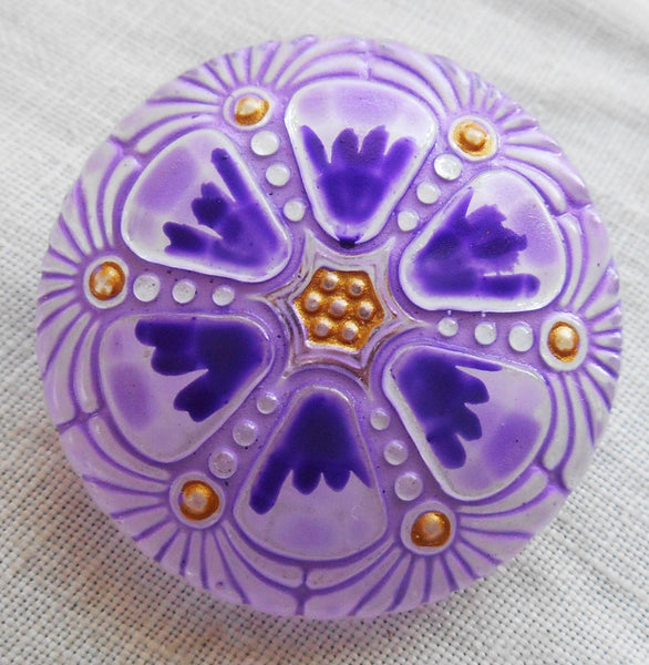 One 27mm Czech glass button, purple hand painted wheel pattern with gold accents , decorative shank buttons C59201