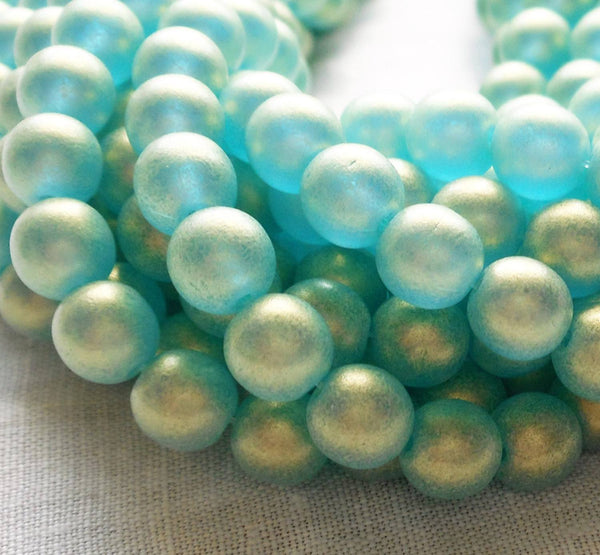Lot of 50 6mm Czech glass druks, Matte Sueded Gold Light Teal smooth round druk beads C4950 - Glorious Glass Beads