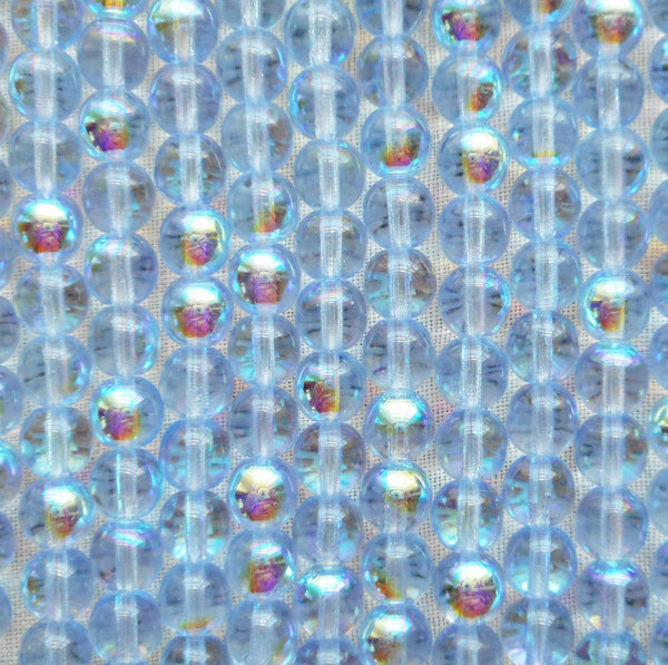 Lot of 50 6mm Czech glass druks, Light Sapphire Blue AB smooth round druk beads C5650 - Glorious Glass Beads