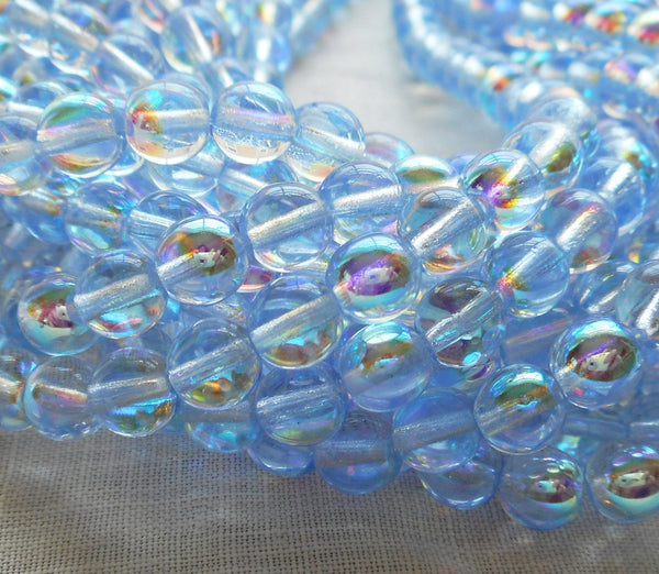 Lot of 50 6mm Czech glass druks, Light Sapphire Blue AB smooth round druk beads C5650 - Glorious Glass Beads