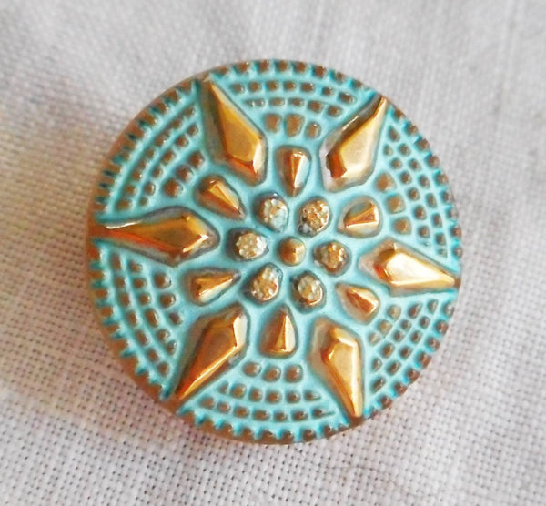 One 18mm Czech glass button, with a gold raised star with a turquoise wash, verdigris look decorative shank button 05201 - Glorious Glass Beads
