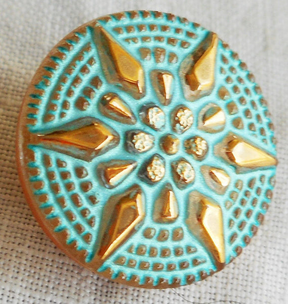 One 18mm Czech glass button, with a gold raised star with a turquoise wash, verdigris look decorative shank button 05201 - Glorious Glass Beads