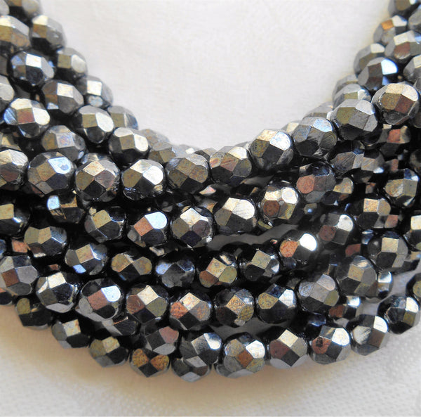 Lot of 25 6mm Czech Metallic Gray Hematite faceted firepolished glass beads, C5425 - Glorious Glass Beads