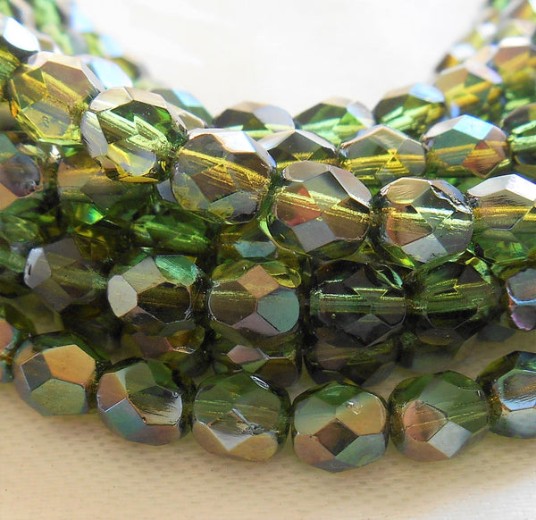 Lot of 25 6mm Prairie Green Celsian Czech glass beads, round faceted firepolished beads, C7425 - Glorious Glass Beads